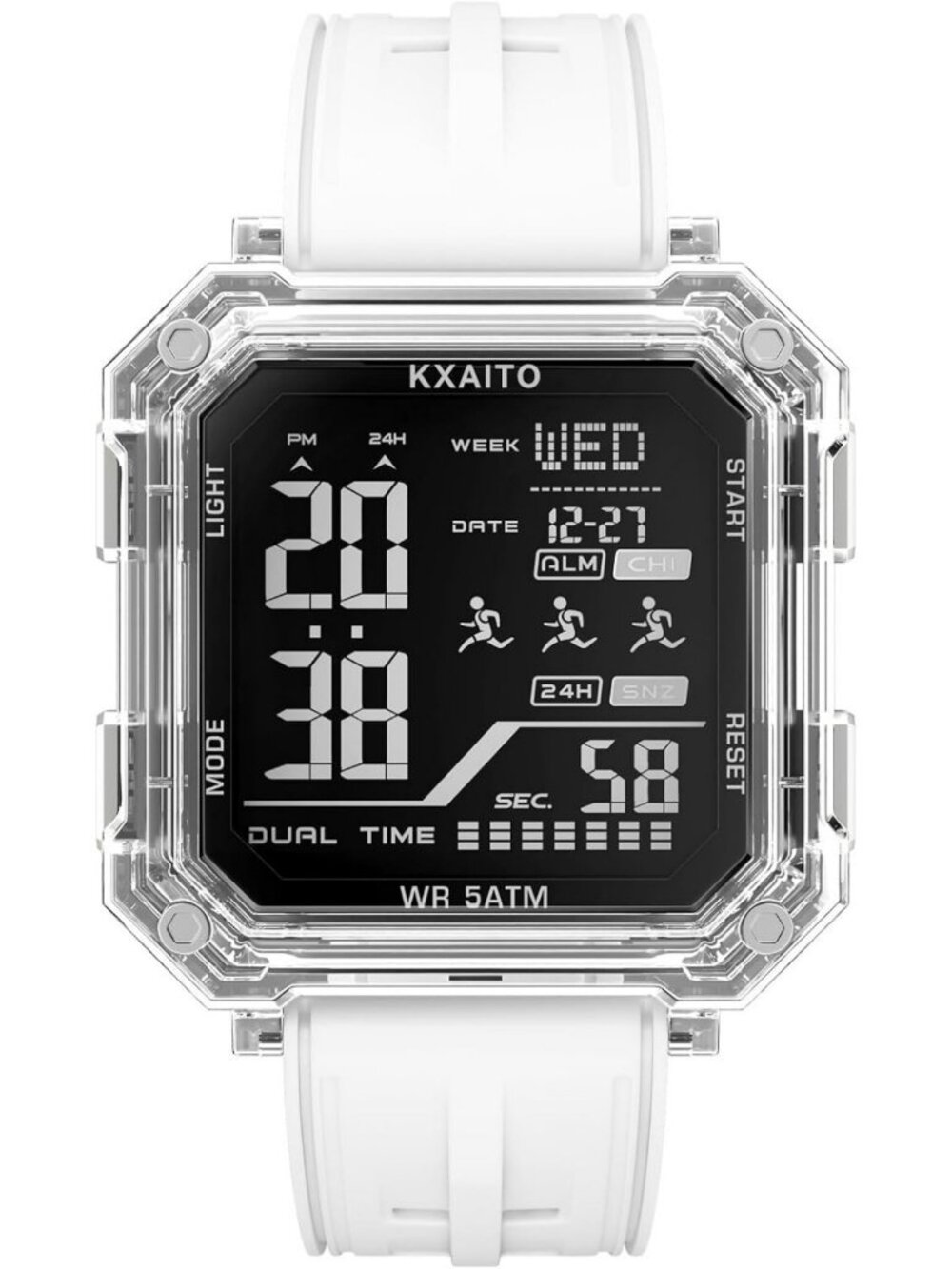 Stylish 43mm Digital Sports Watch, Waterproof, Dual Time, Alarm & Stopwatch